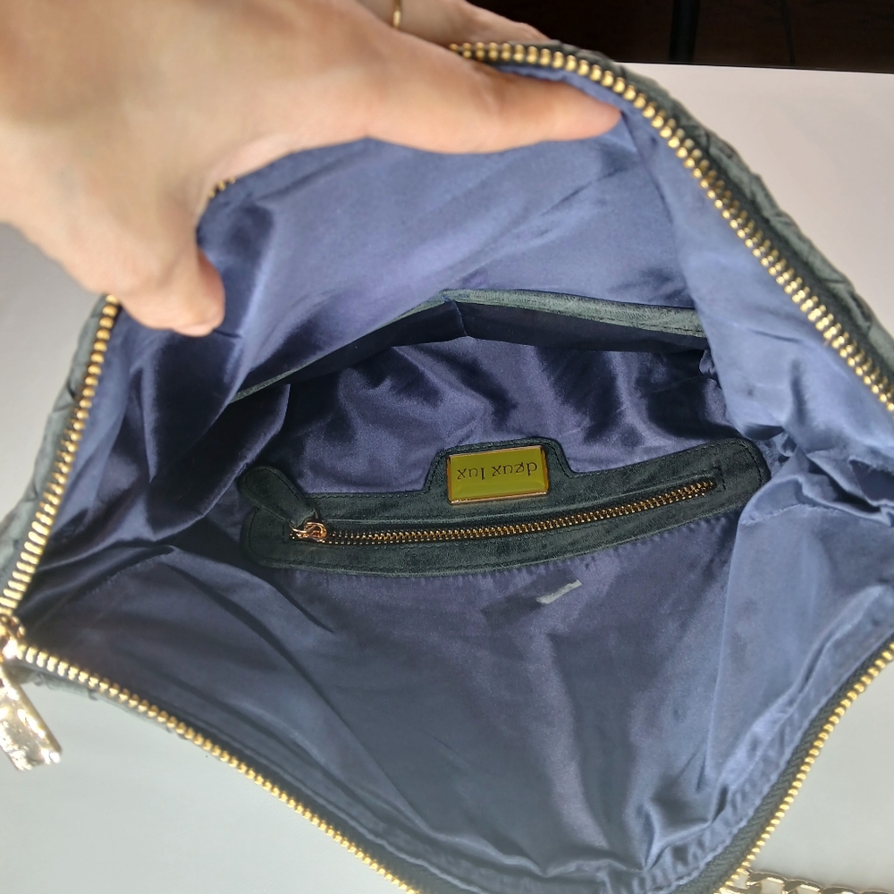 Deux Lux Weaved Crossbody Madison Foldover Black Gold Clutch - Picture 7 of 10
